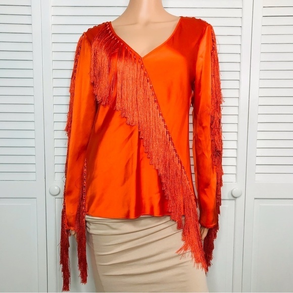 DIANE VON FURSTENBERG Tangerine V-Neck Fringe Blouse Size 8 - Picture 2 of 9